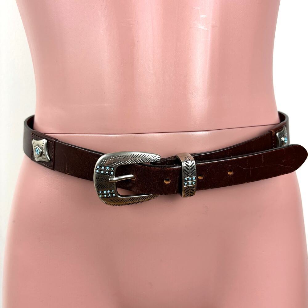Albatros Brown Leather 1" Belt Silver Studs Turquoise Medium Italy